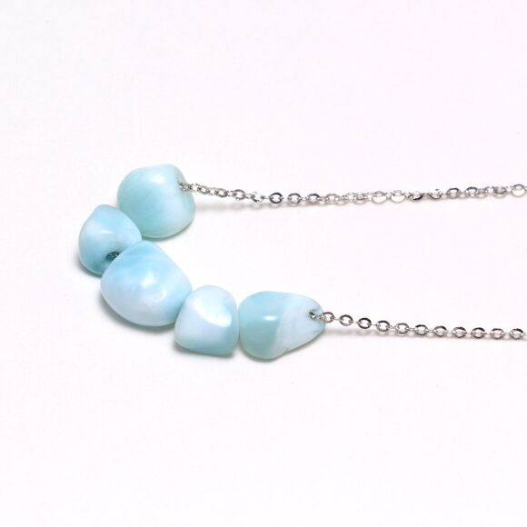 Larimar Gemstone Necklace Jewelry Curb Sterling Silver Chain Blue Larimar Stones - Picture 4 of 6